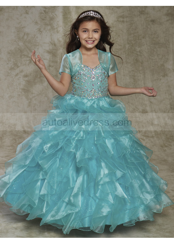 Beaded Organza Ruffle Sparkly Flower Girl Dress With Cape Beaded Organza Ruffle Sparkly Flower Girl Dress With Cape